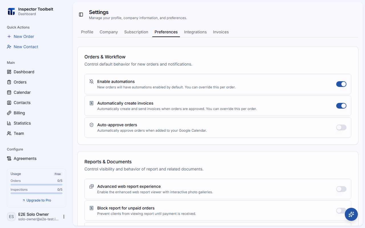 The preferences settings tab with workflow and feature toggles