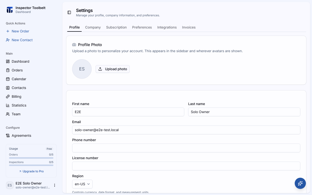 The settings profile page with name, email, region, and timezone fields