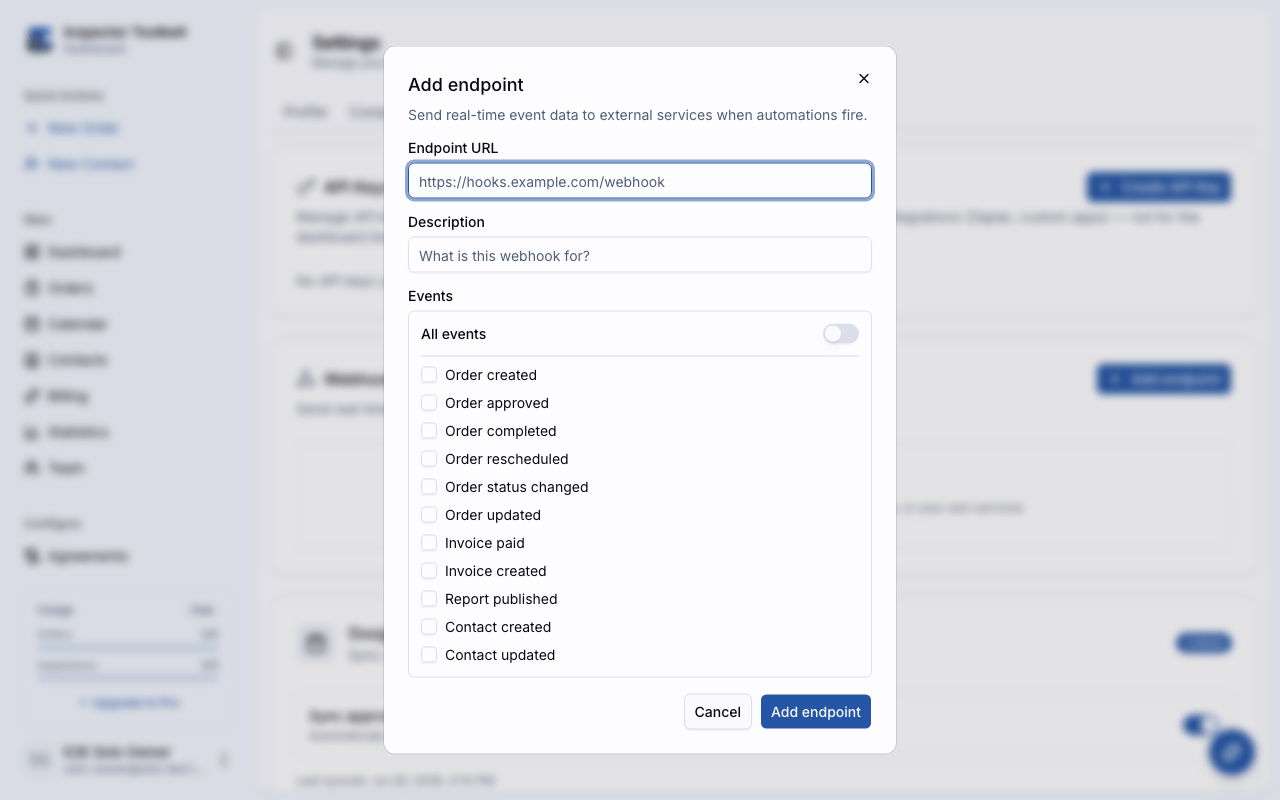 The Add endpoint dialog with URL, description, and event checkboxes