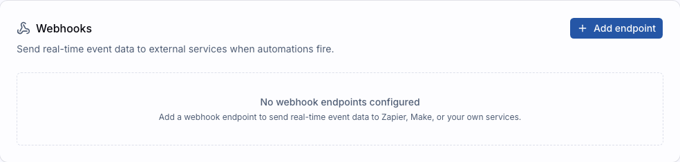 The Webhooks section on the Integrations settings tab