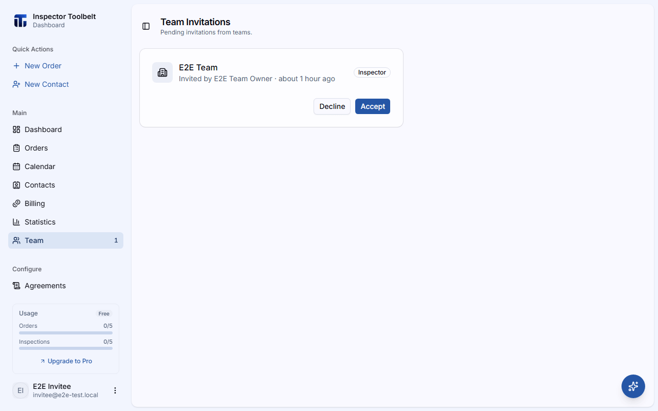 The invitation card showing the team name, inviter, role, and Accept and Decline buttons
