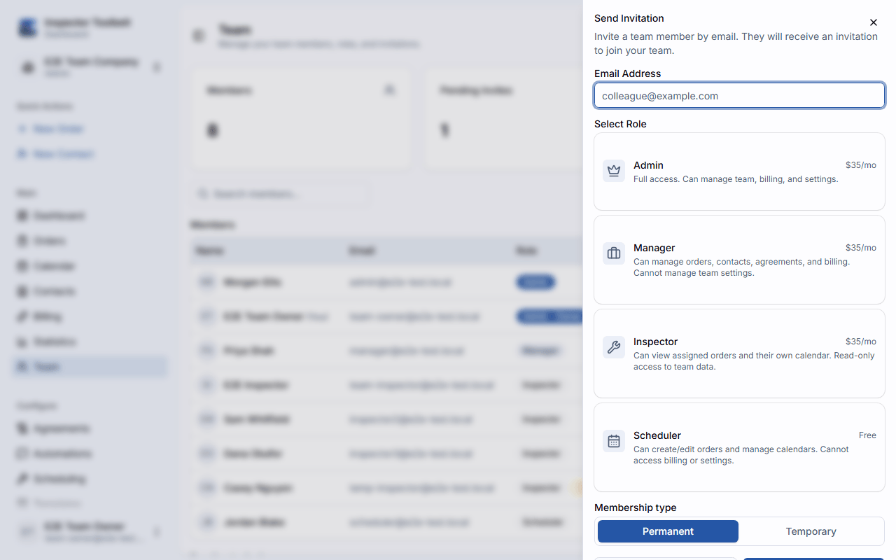 The invite member panel with email, role, and duration fields