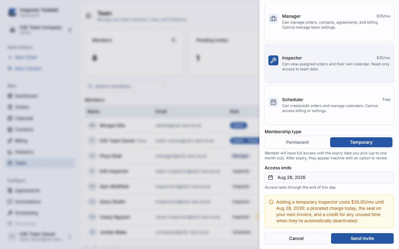 Inviting a temporary team member with the expiry picker and prorated cost preview