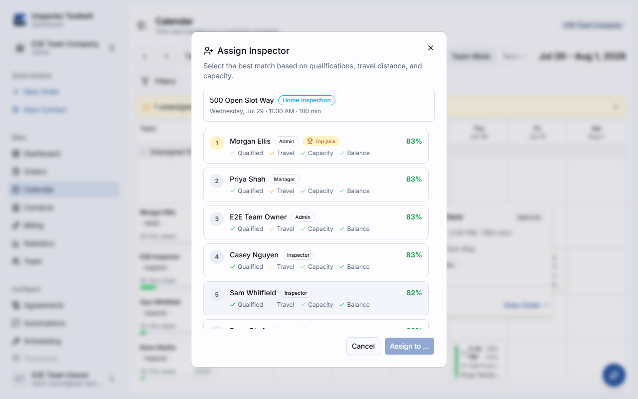 The Assign Inspector dialog showing ranked candidates by qualifications, travel distance, and capacity