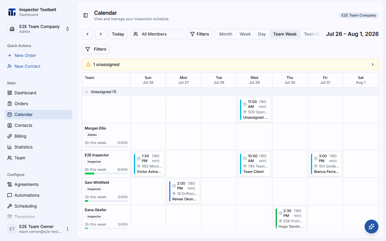 The Team Week calendar view with one column per team member and jobs color-coded by service category