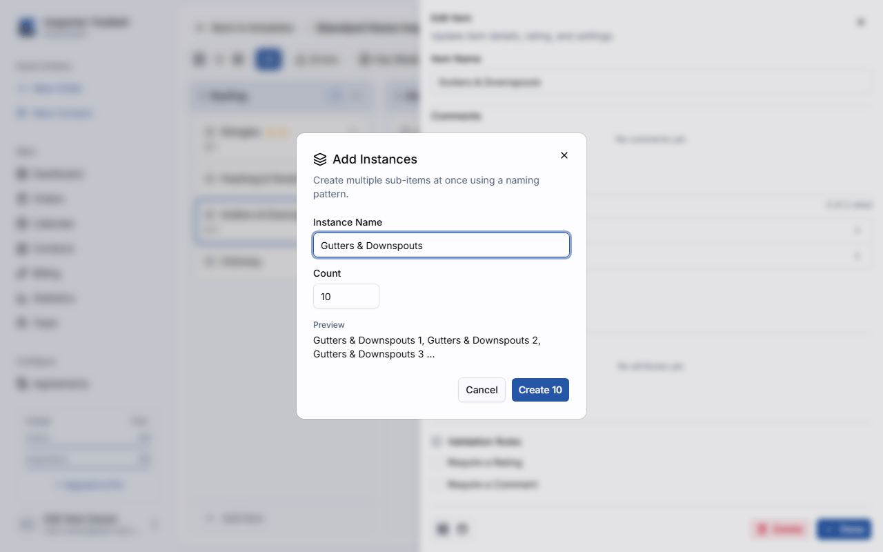 The Add Instances dialog with a naming pattern and count field