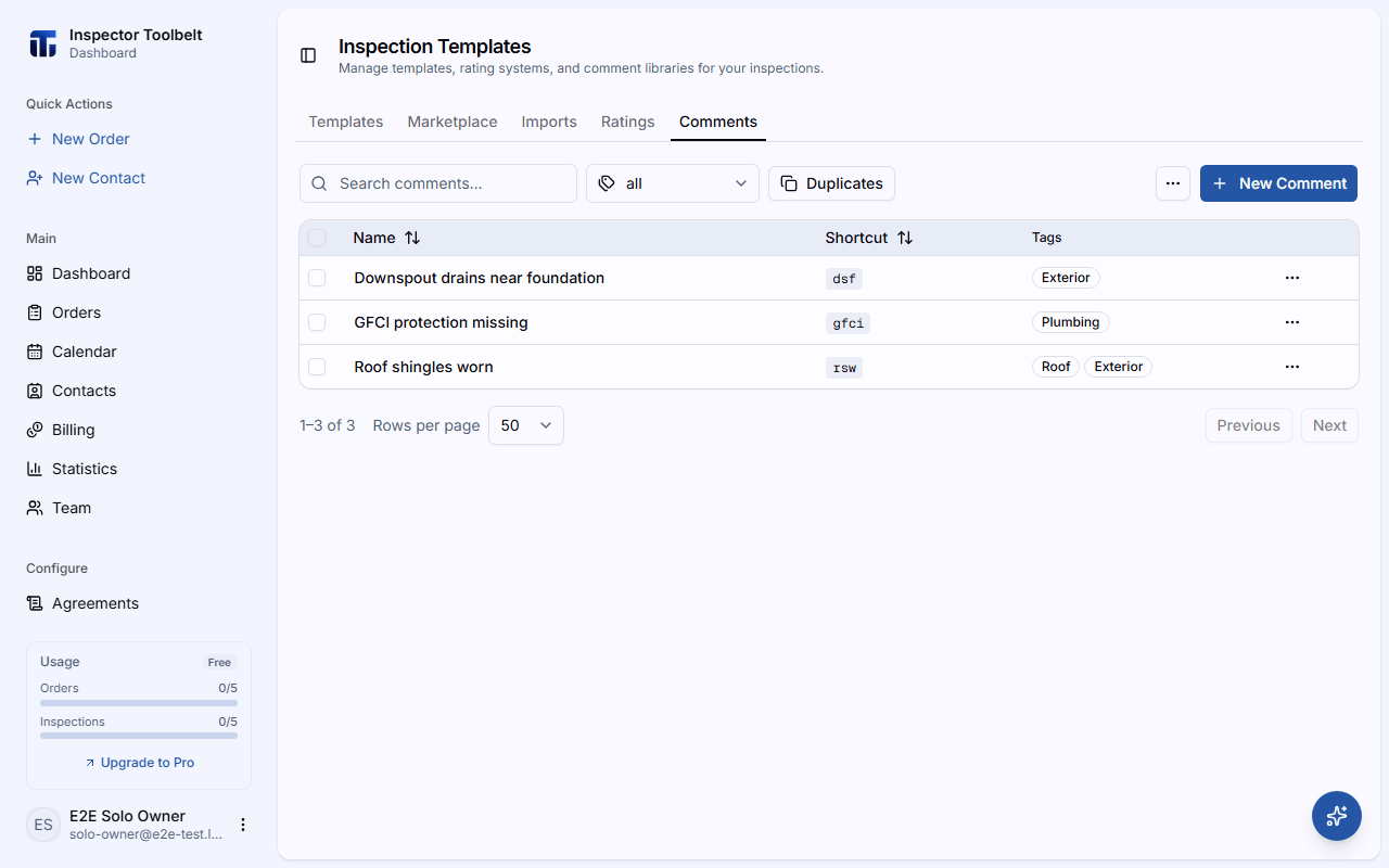 The Comments tab showing the reusable comment library