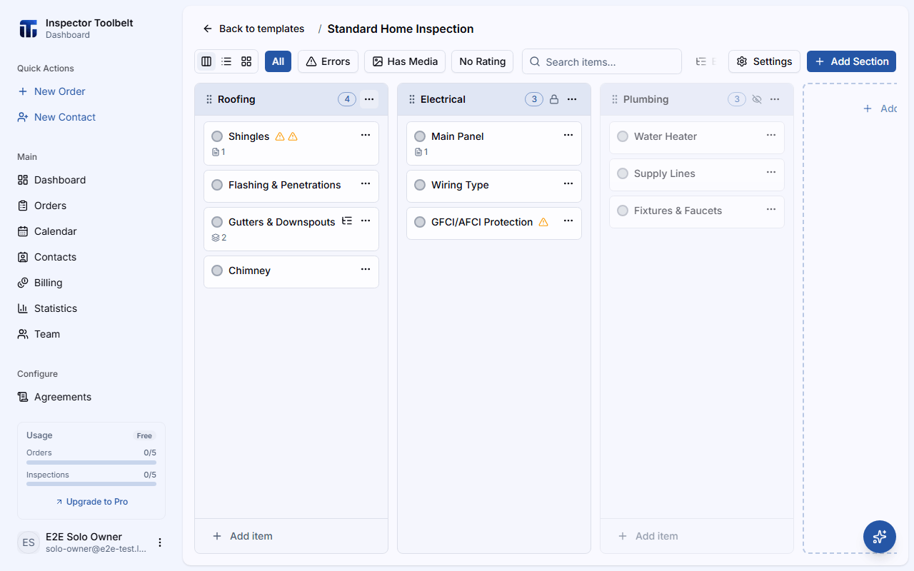 The template editor with a hidden section and a locked section both visible after toggling Show Hidden