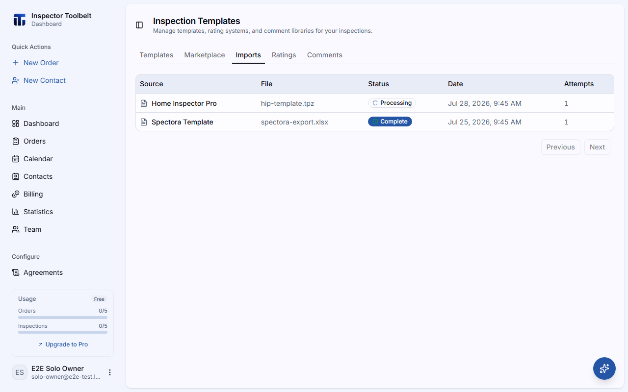The Imports tab showing a history of past imports with their source, file, and status