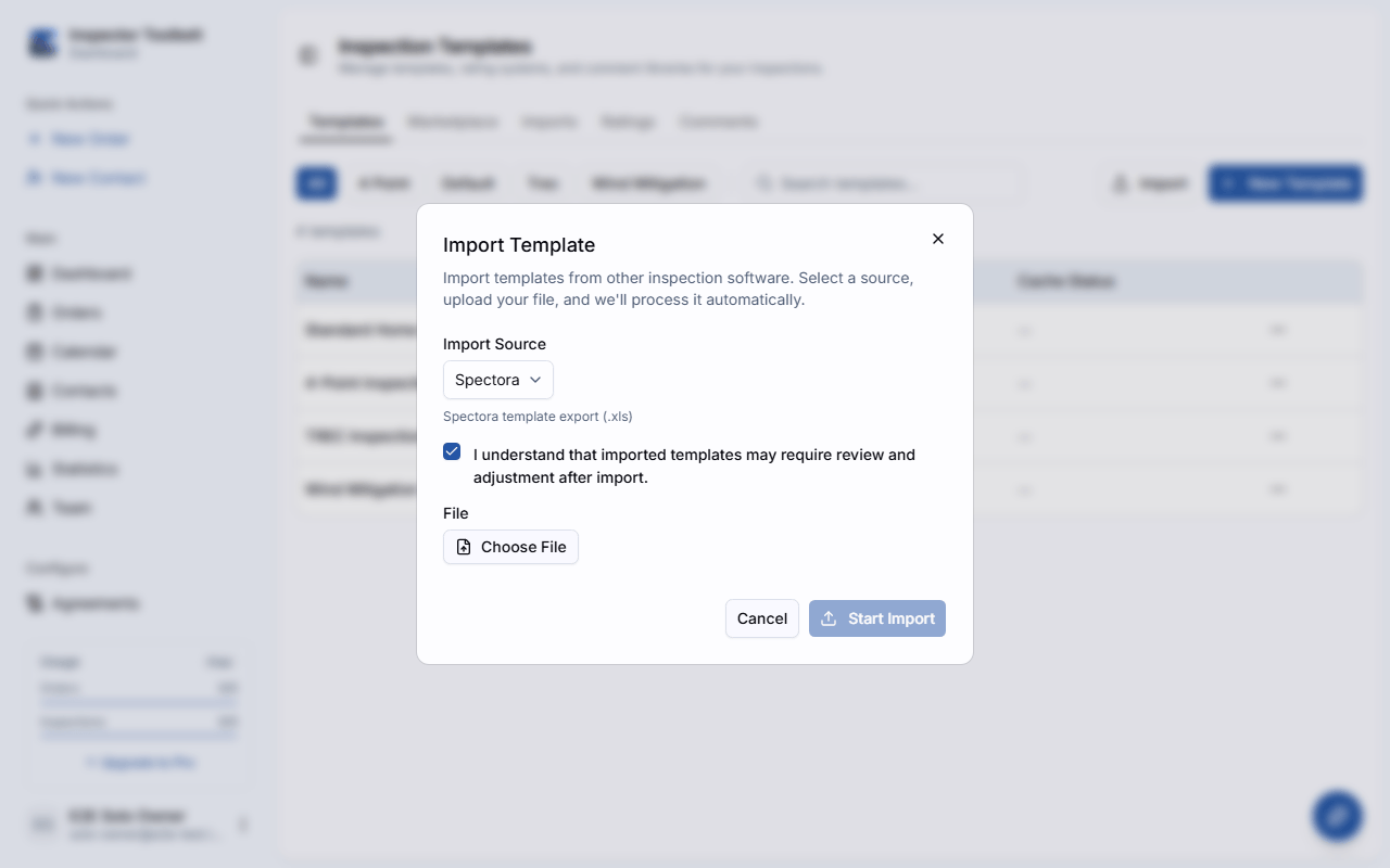 The import wizard's source picker with the terms and file upload step