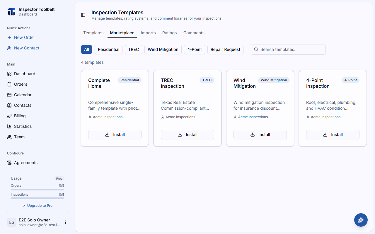 The Marketplace tab showing available community templates