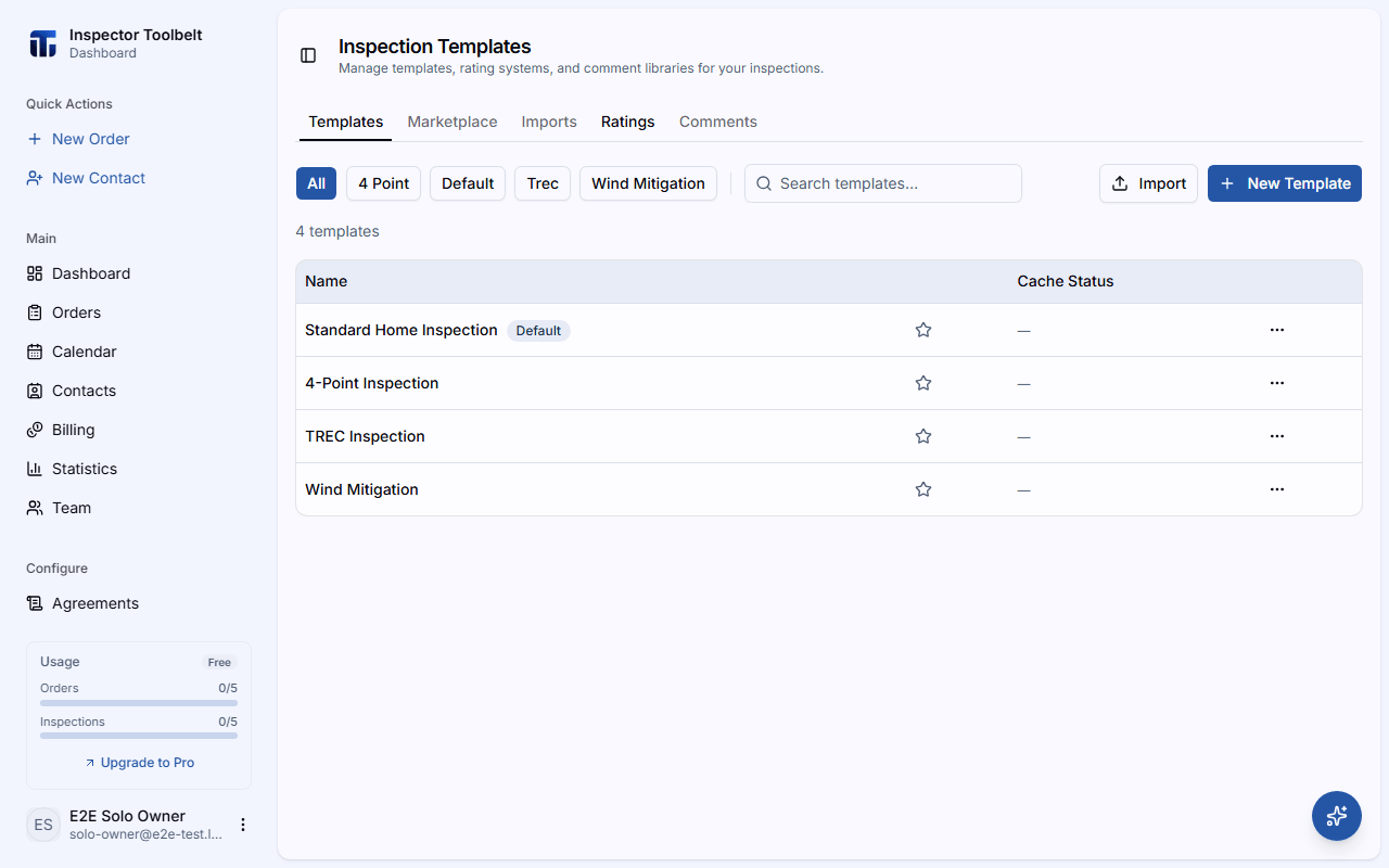 The Templates tab listing report templates