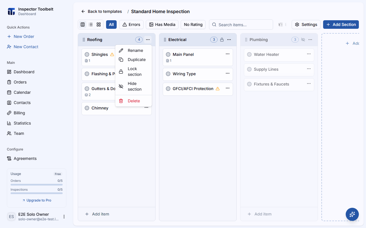 The section overflow menu open, showing Rename, Duplicate, Lock, Hide, and Delete options