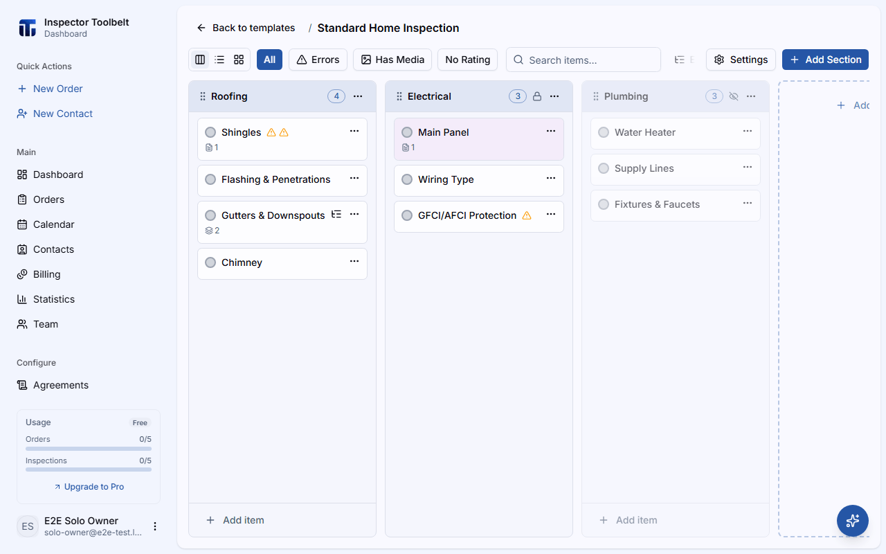 The template editor's board view showing sections as columns with items inside