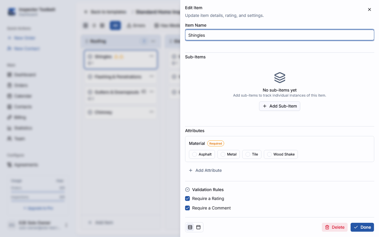 The item editor's Validation Rules block with Require a Rating and Require a Comment checkboxes